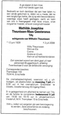 Overlijdensbericht Mathilde (Tilly) Josephine Theunissen - MG (2008)